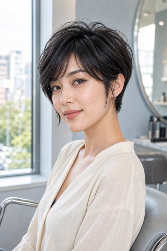 Airy bixie haircut with soft crown lift and wispy face framing pieces for a round face