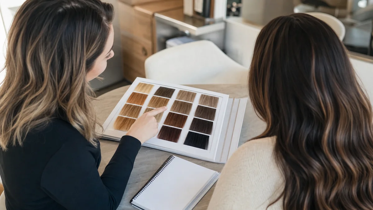 Stylist and client reviewing balayage hair color swatches in a salon consultation