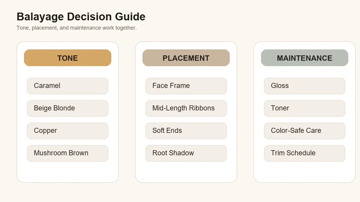 Programmatic balayage decision guide with tone placement and maintenance labels
