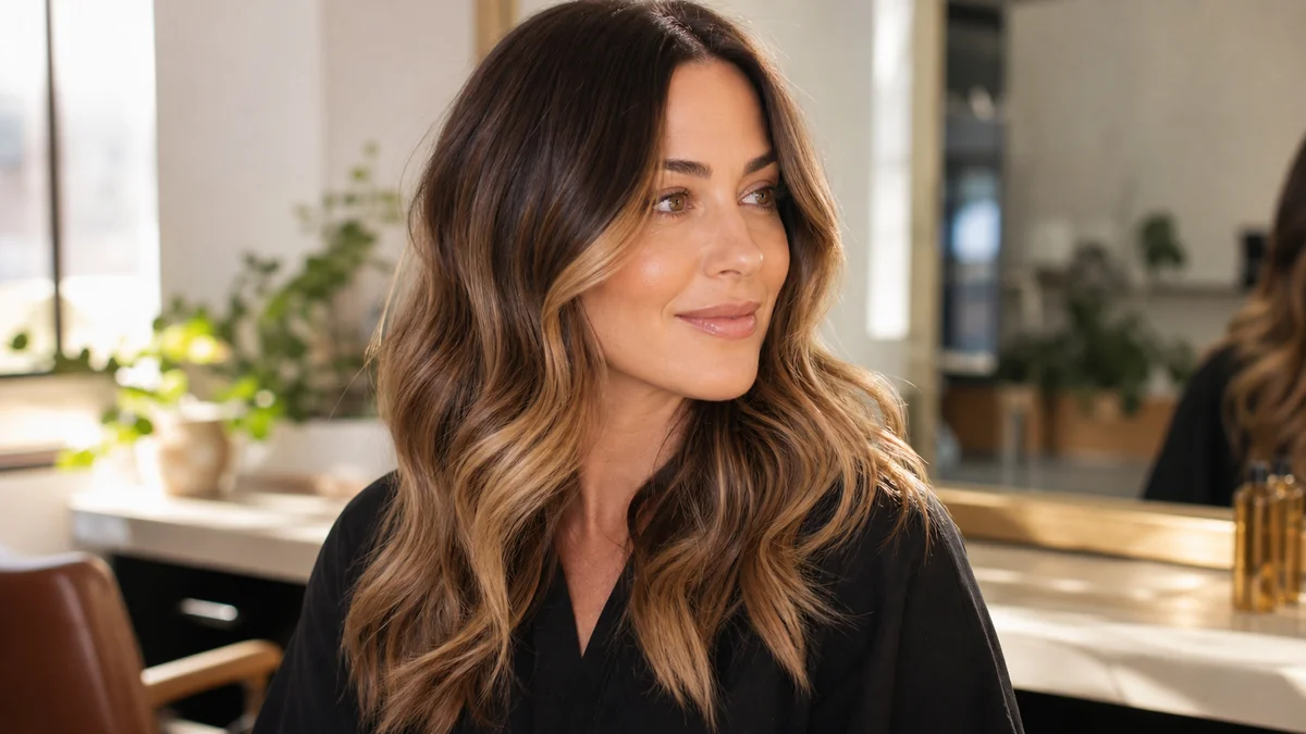 Finished brunette balayage with caramel face-framing ribbons in a salon