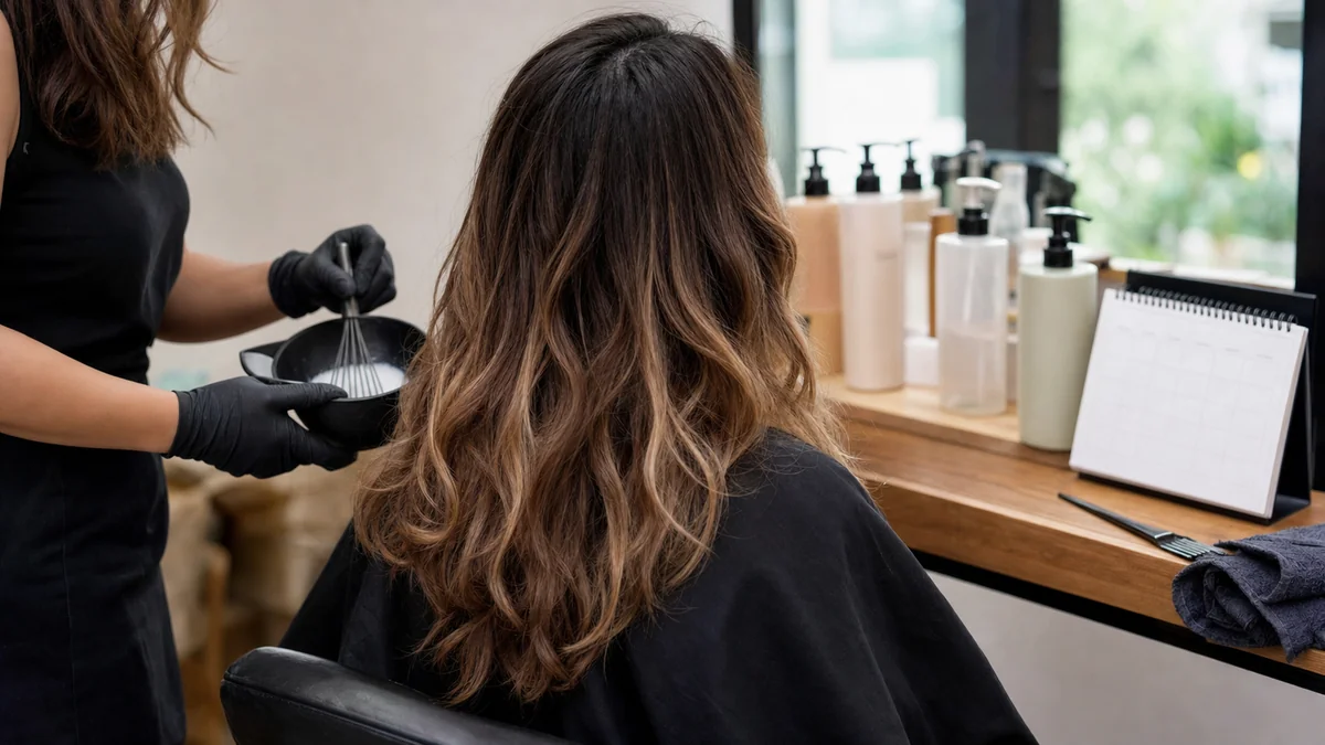 Lived-in brunette balayage during a salon gloss and maintenance appointment