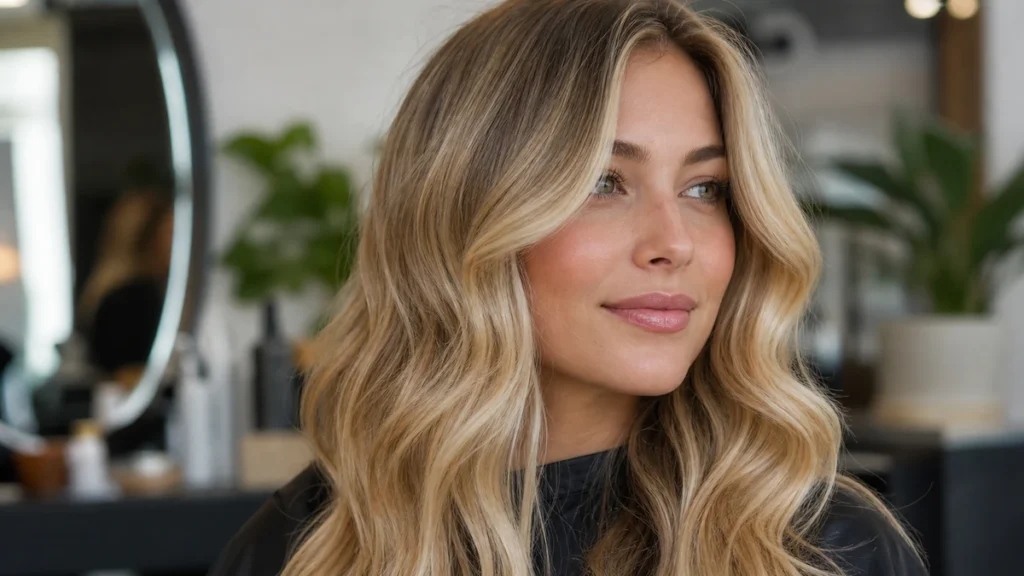 Best blonde hair color guide with beige blonde and honey blonde dimension in a realistic salon photo