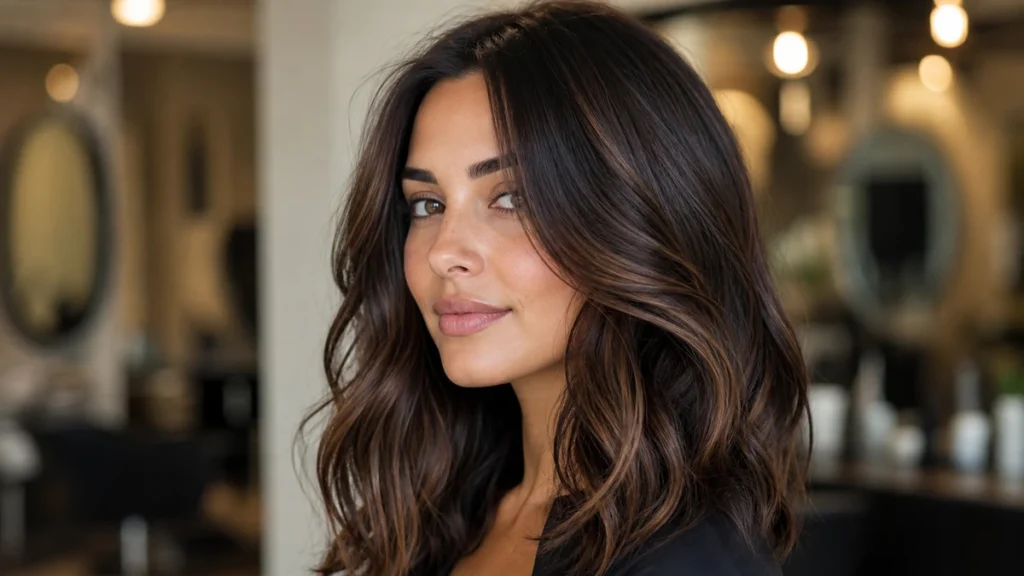 Best brunette hair color ideas with rich chocolate brown dimension in a realistic salon photo