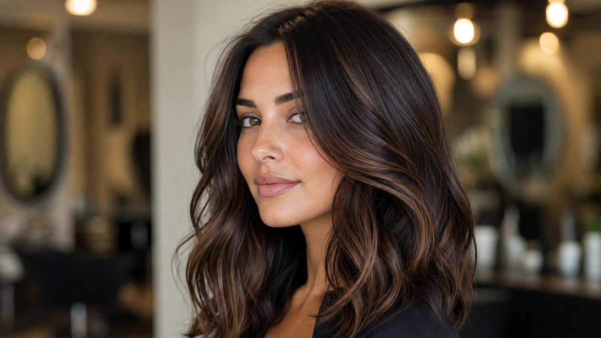 Best brunette hair color ideas with rich chocolate brown dimension in a realistic salon photo