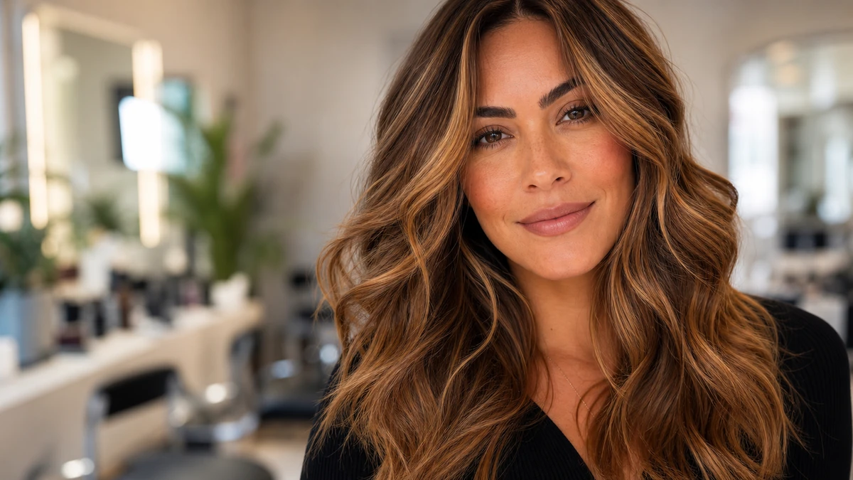 Best hair colors for warm undertones with golden brown caramel brunette and honey highlights in a realistic salon photo