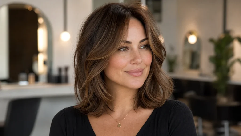 Best hairstyles for pear face with soft temple volume and face-framing layers in a realistic salon photo
