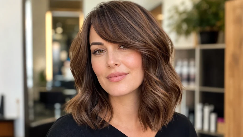 Best hairstyles for rectangle face with side-swept bangs and soft shoulder-length waves in a realistic salon photo