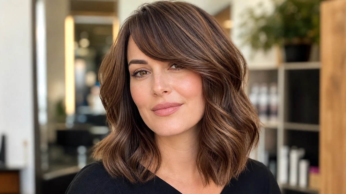 Shoulder-length soft waves with side-swept bangs for a rectangle face shape