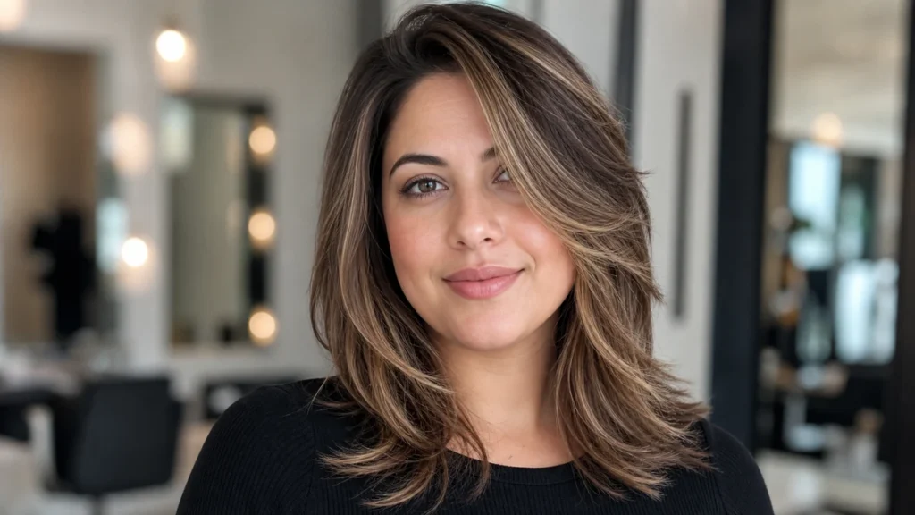 Best hairstyles for round face with soft crown volume and long face-framing layers in a realistic salon photo