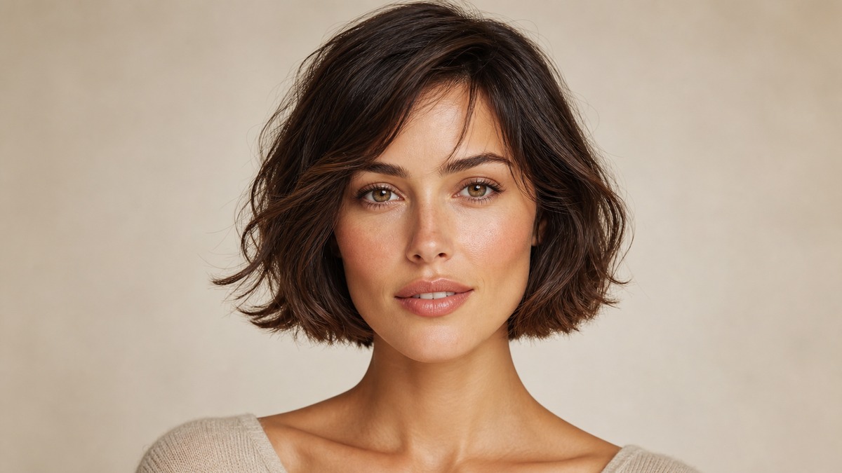 woman with diamond face shape and textured bob haircut