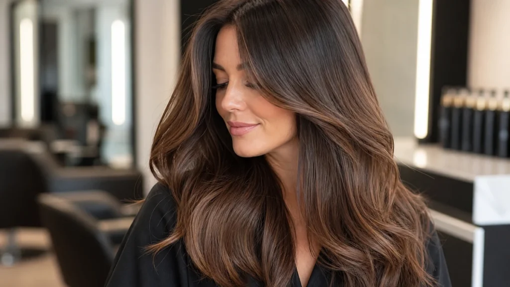 Hair color maintenance guide with glossy healthy brunette hair in a realistic salon photo