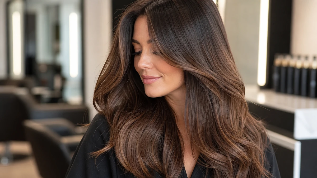 Hair color maintenance guide with glossy healthy brunette hair in a realistic salon photo