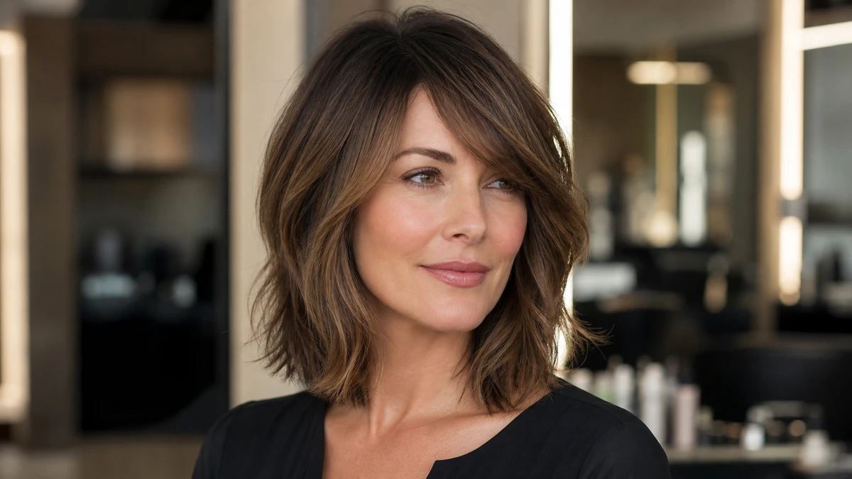 Heart vs diamond face hairstyle advice with soft side-swept bangs and lob layers in a realistic salon photo