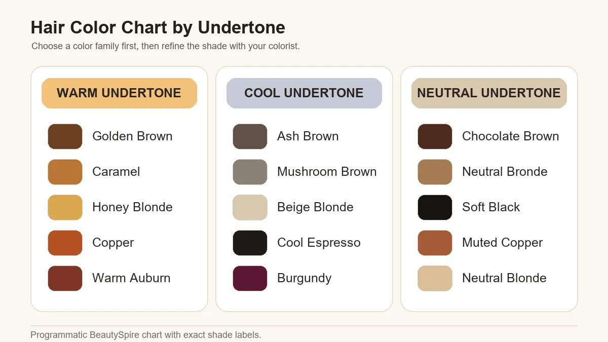 Labeled hair color chart for warm cool and neutral undertones