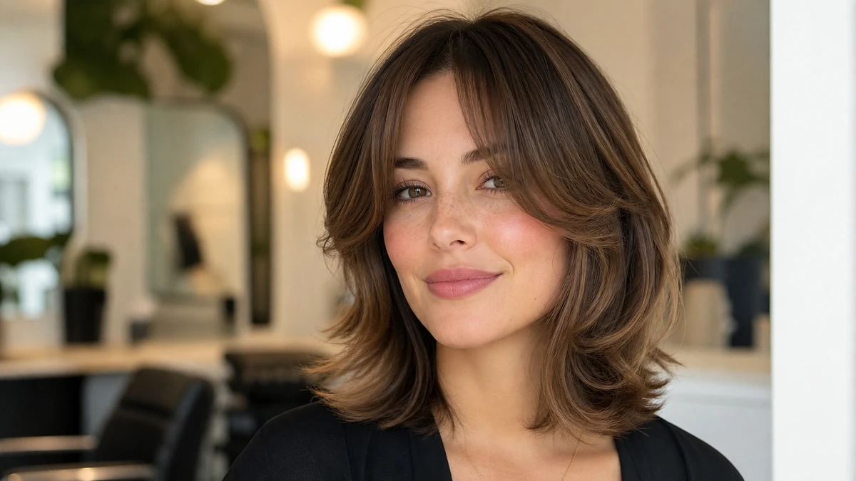 Oval vs round face hairstyle advice with curtain bangs and soft layered lob in a realistic salon photo