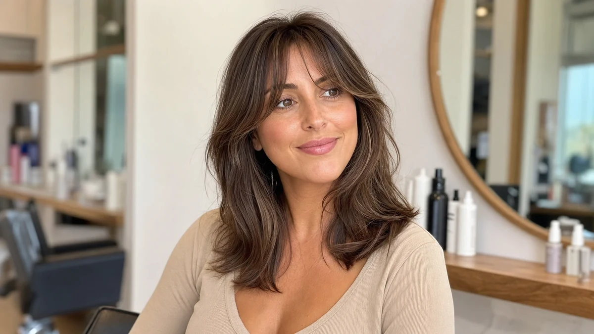Curtain bangs and medium layers for a pear face shape