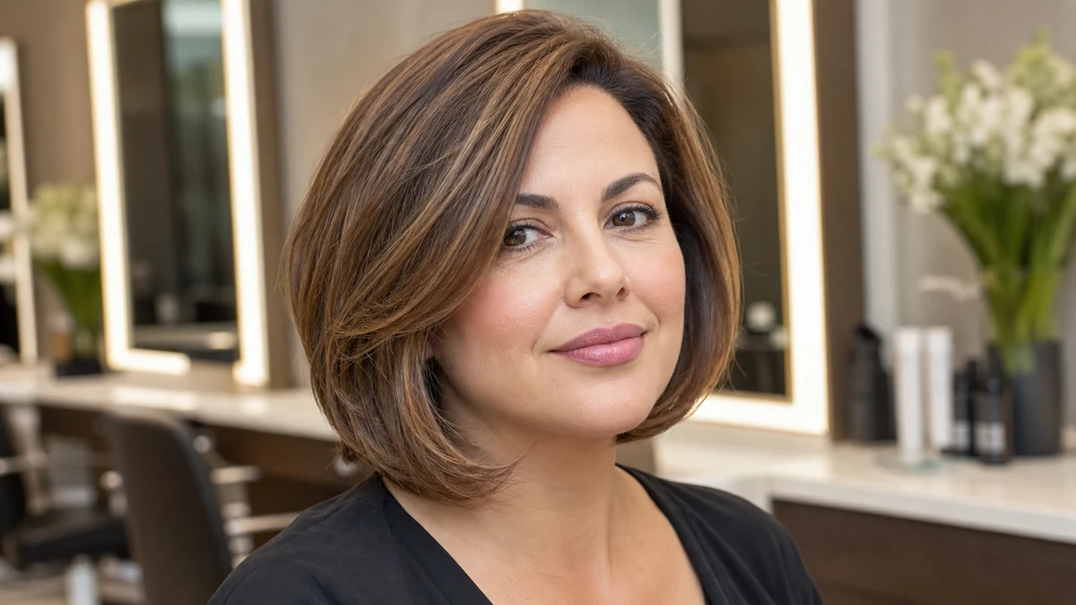Rounded bob with side part for a pear face shape