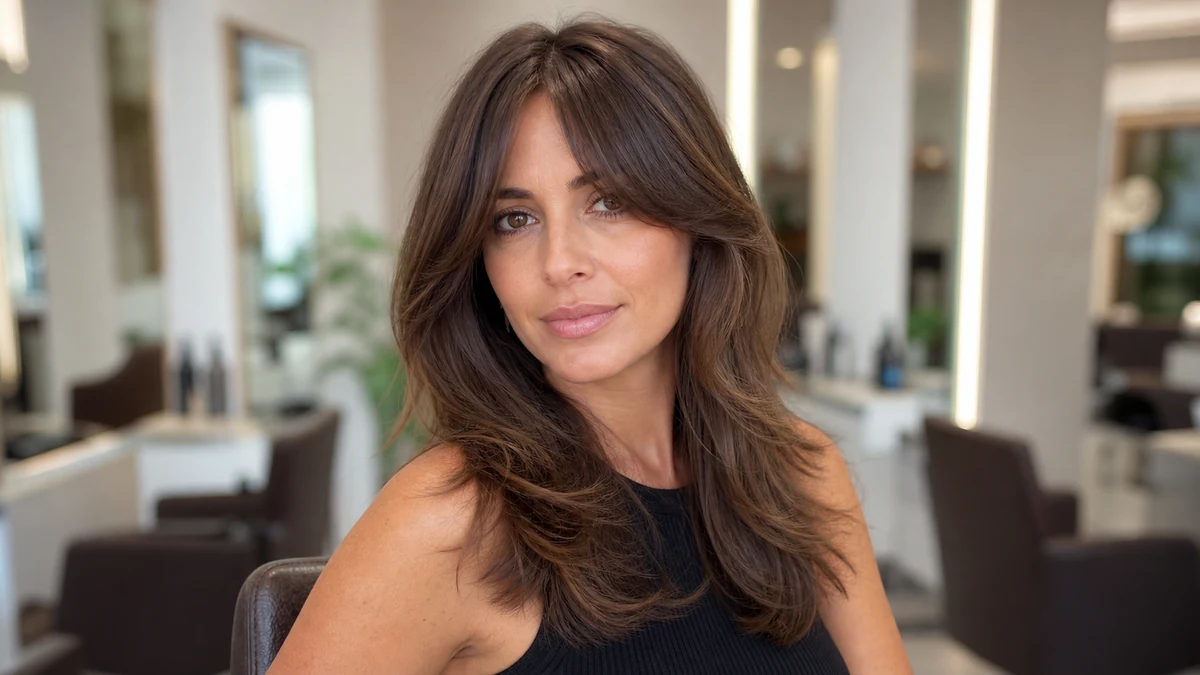 Curtain bangs and medium layers adding side volume for a rectangle face shape