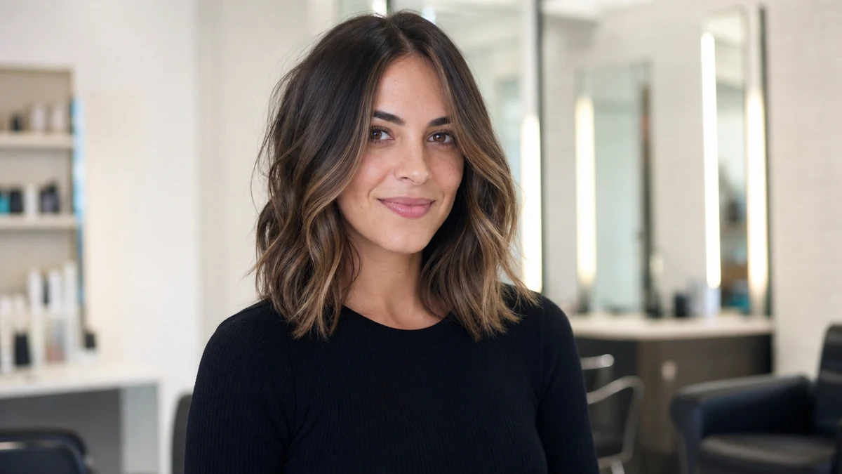 Soft layered lob with face-framing waves for a rectangle face shape