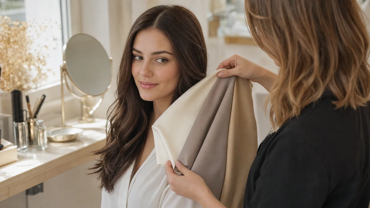 Salon undertone consultation with neutral fabric swatches and brunette hair