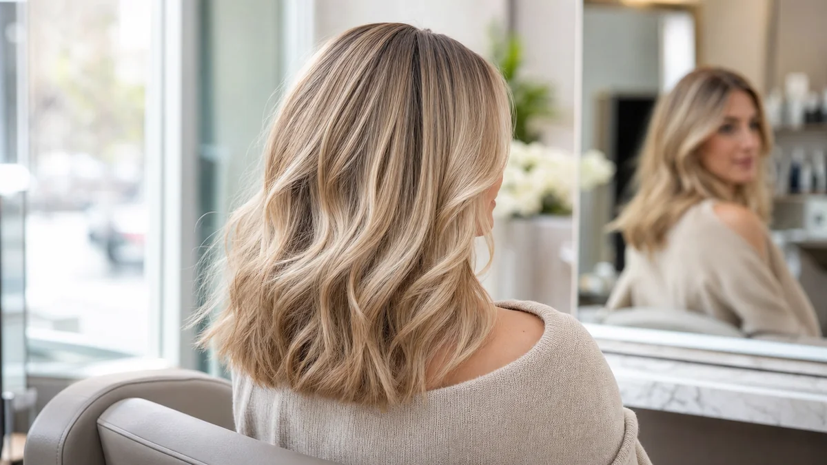 Dimensional beige honey and ash blonde hair in a bright salon