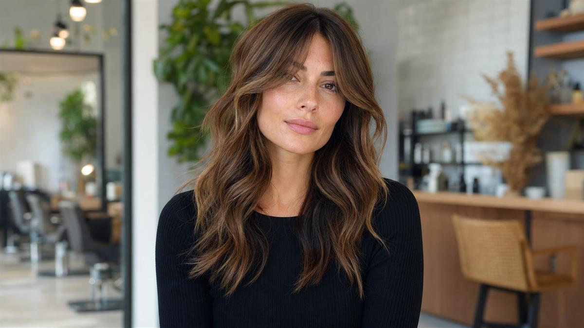 Curtain bangs and soft waves for a square face shape with gentle cheekbone framing