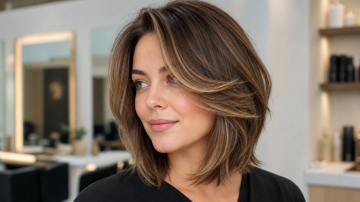 Square vs round face hairstyle advice with soft face-framing layers in a realistic salon photo