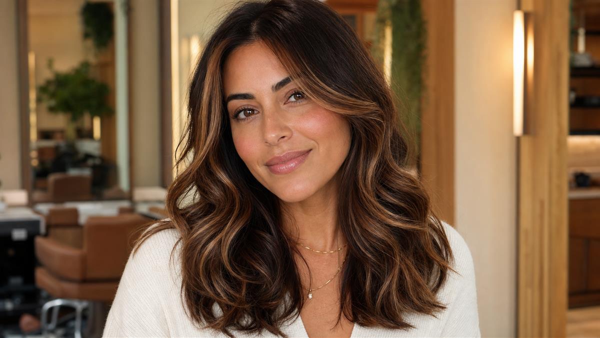Caramel brunette highlights that flatter warm undertones and brighten the face