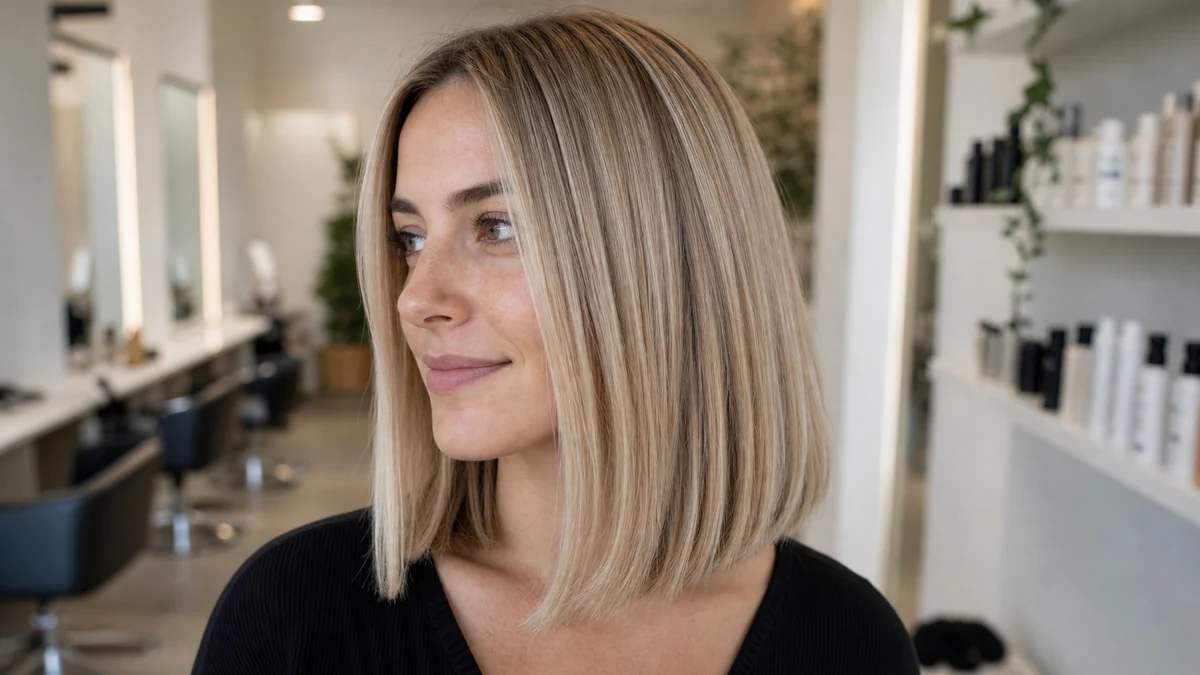 Beige blonde straight lob with subtle lowlights