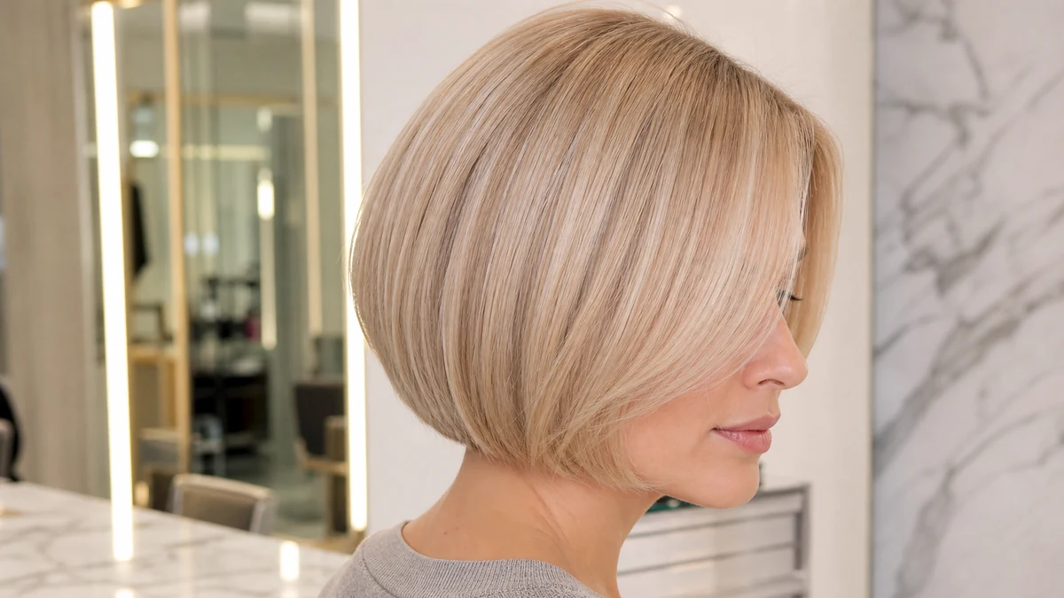 Champagne blonde bob in a bright salon