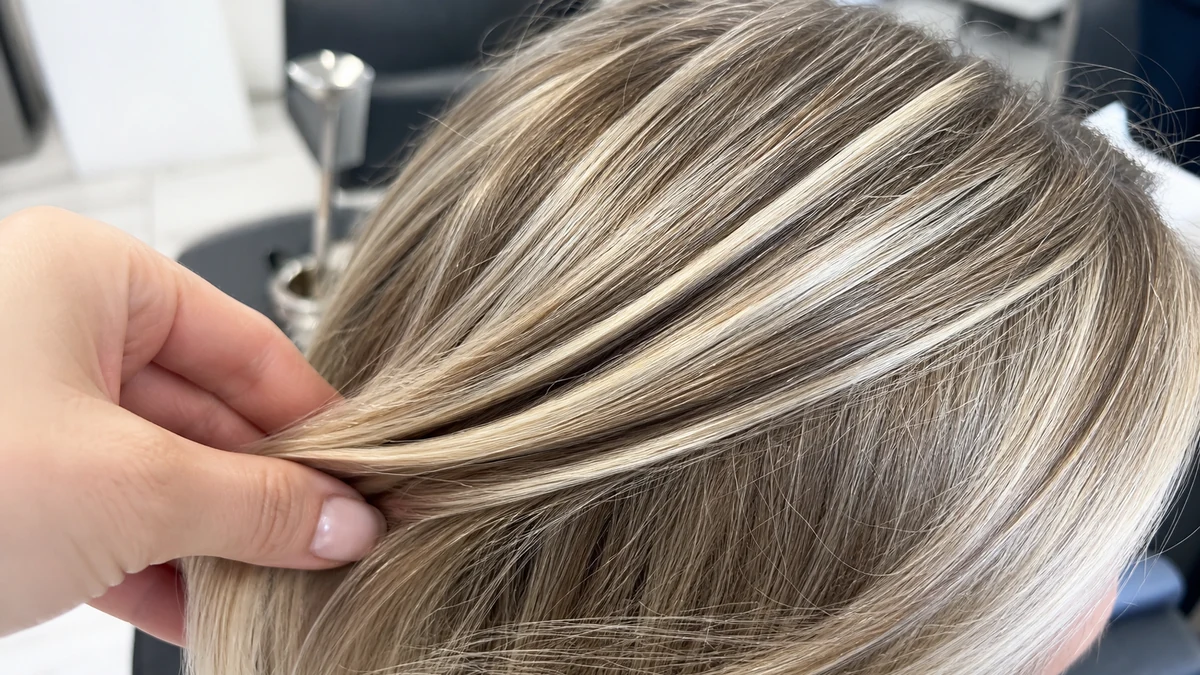 Close-up blonde highlight ribbons in salon hair