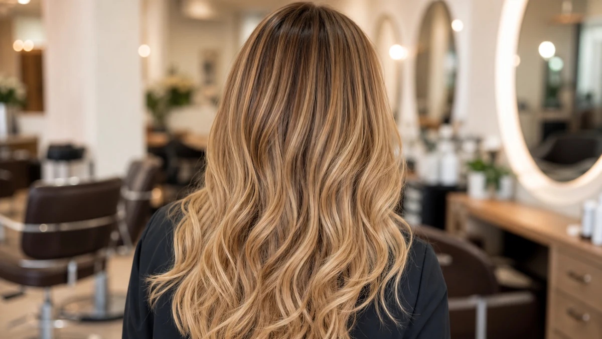 Honey blonde long waves with soft root shadow