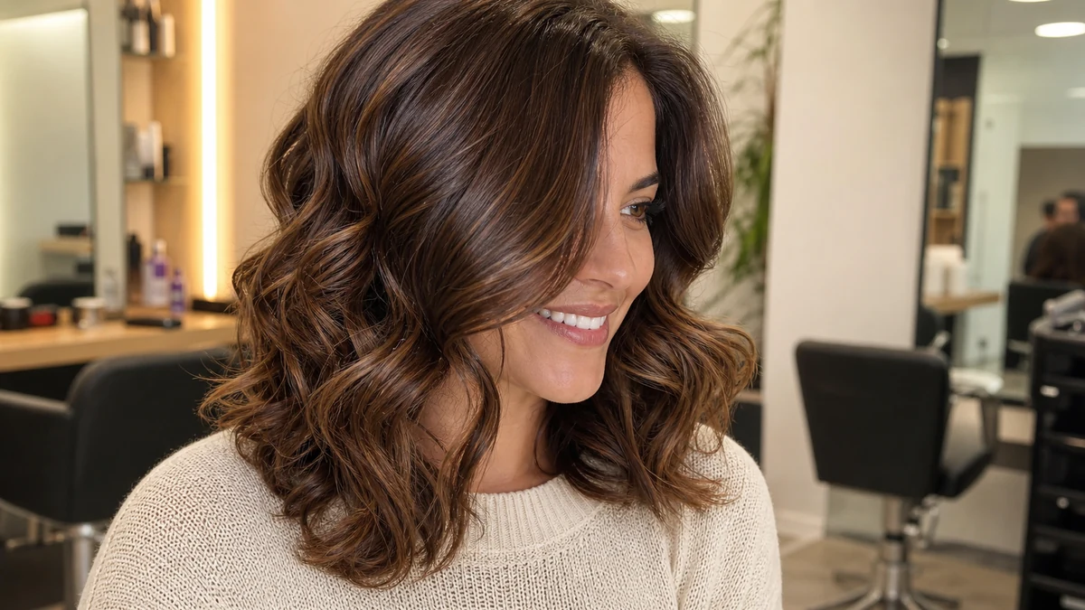 Chestnut brunette curls with warm dimension