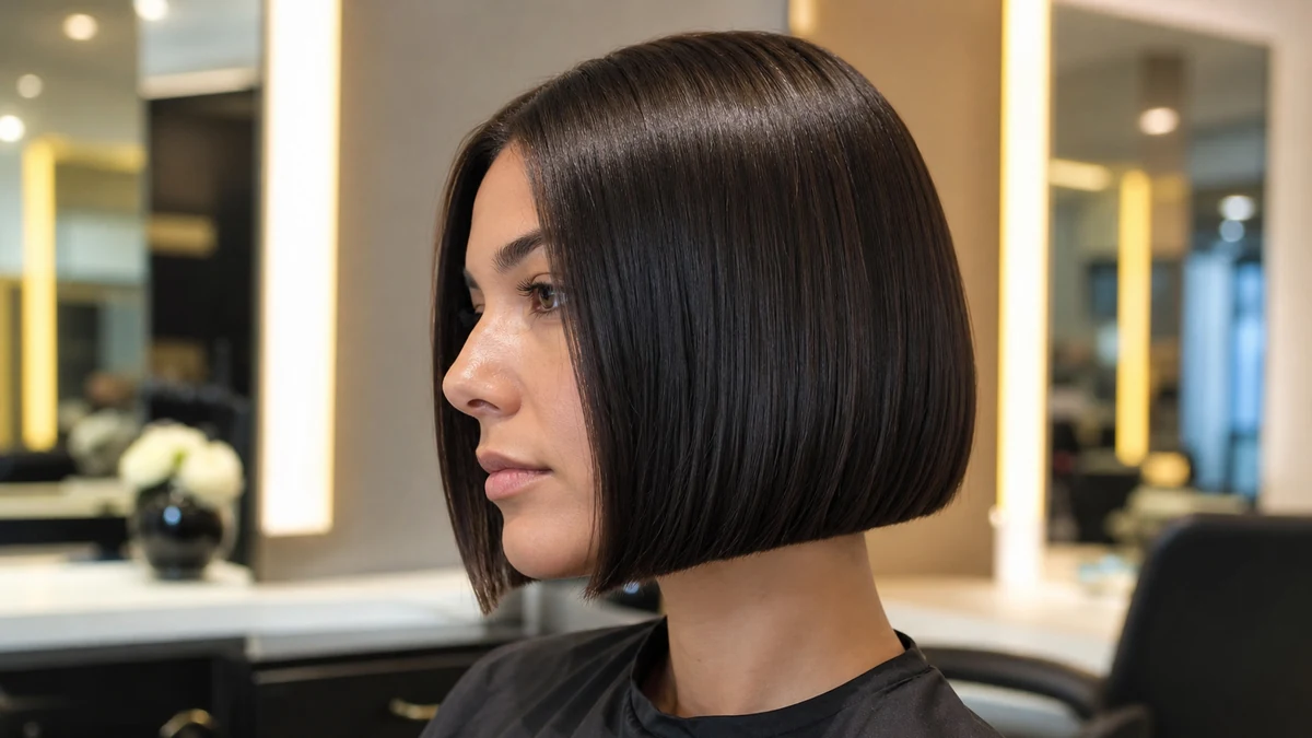 Sleek espresso brunette blunt bob in a salon