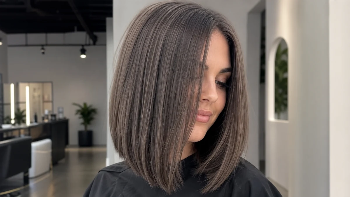 Mushroom brunette straight lob in a salon