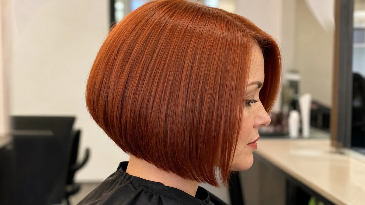 Smooth copper bob hair color in a salon