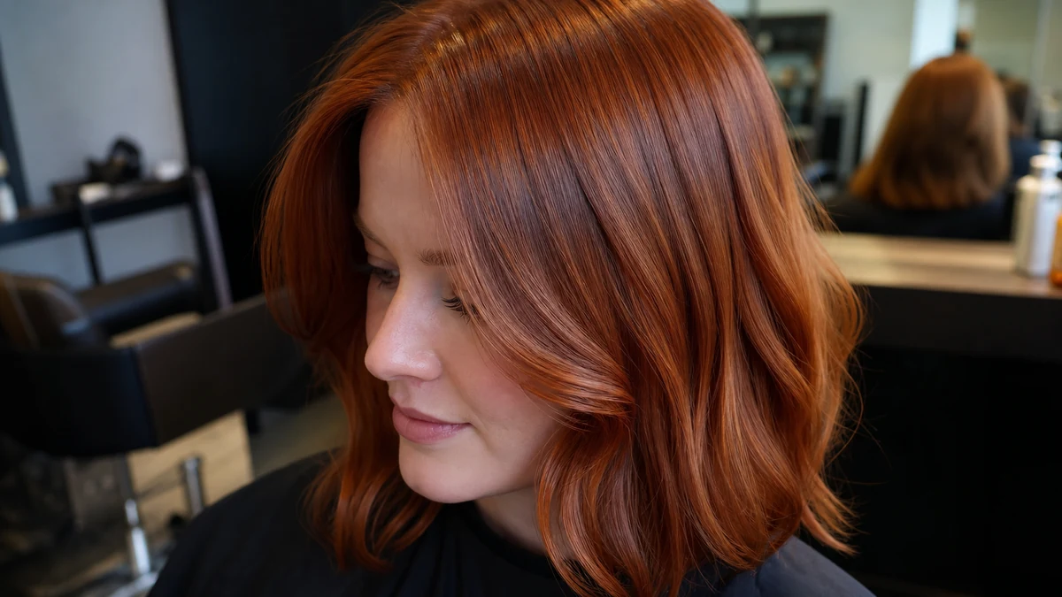Glossy red copper salon hair color detail
