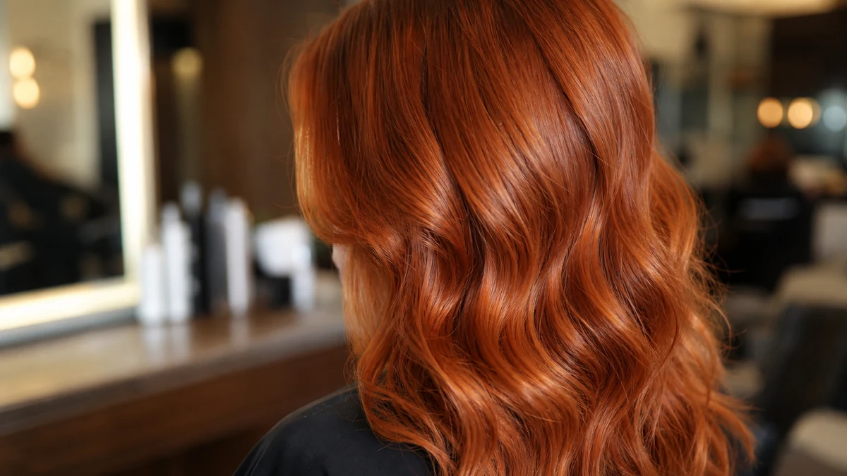 Long glossy true copper curls in a salon