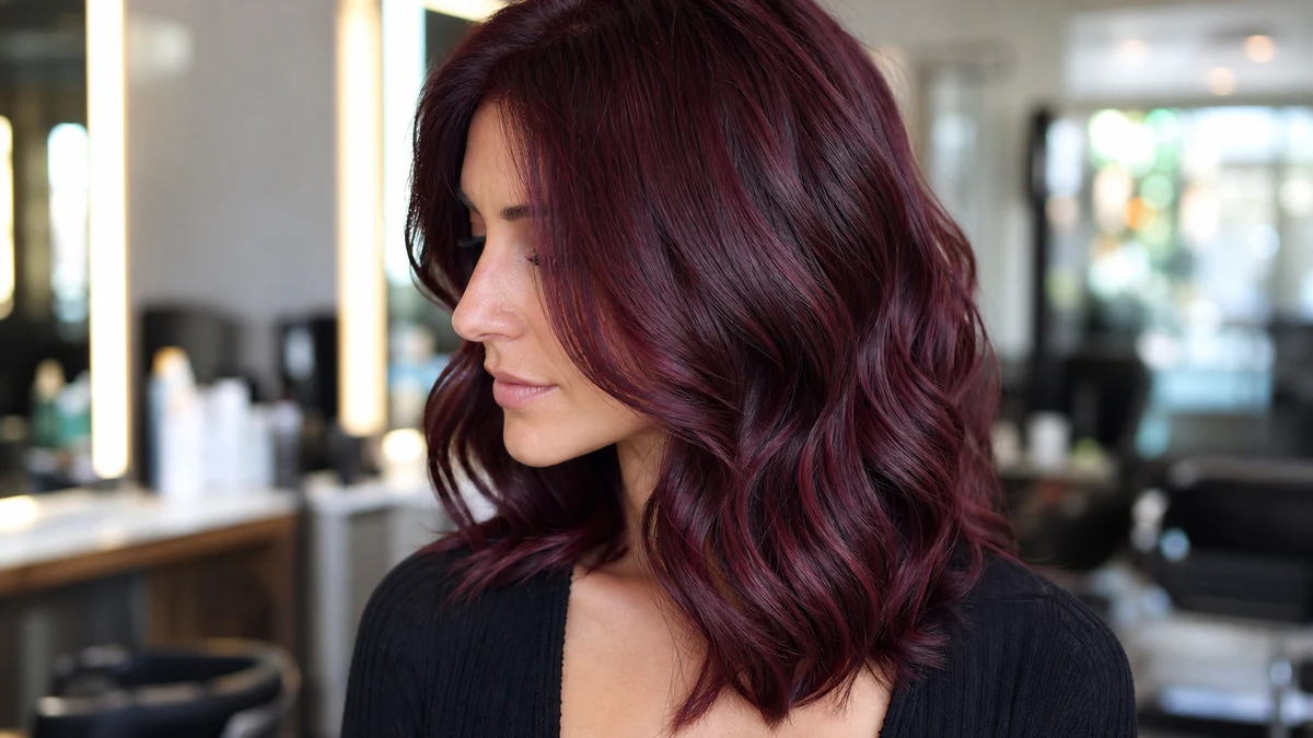 Cool burgundy waves in a salon