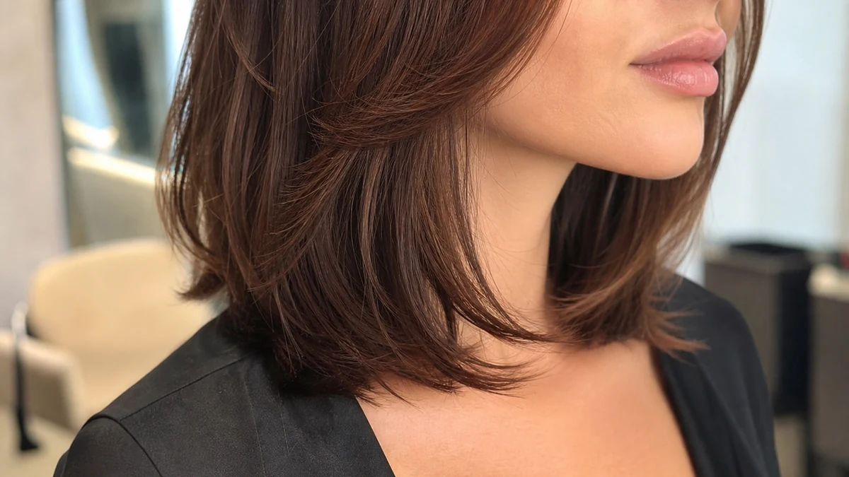 Layered hair ends adding fullness near a narrow chin