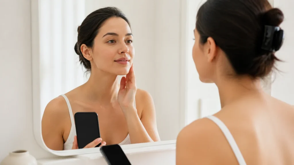 Self face-shape check in a mirror with phone tool