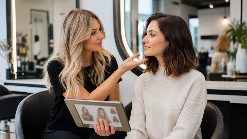 Stylist and client reviewing hairstyle references in a salon