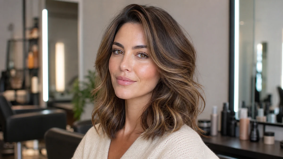 Soft waves with side volume for a diamond face shape in a salon photo