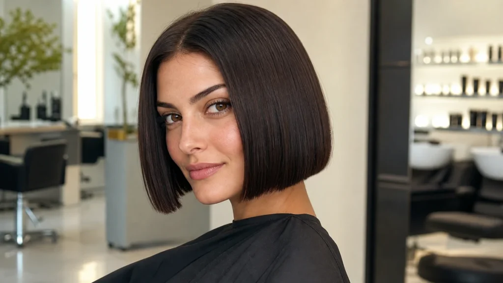 Diamond face chin-length straight blunt bob in a salon