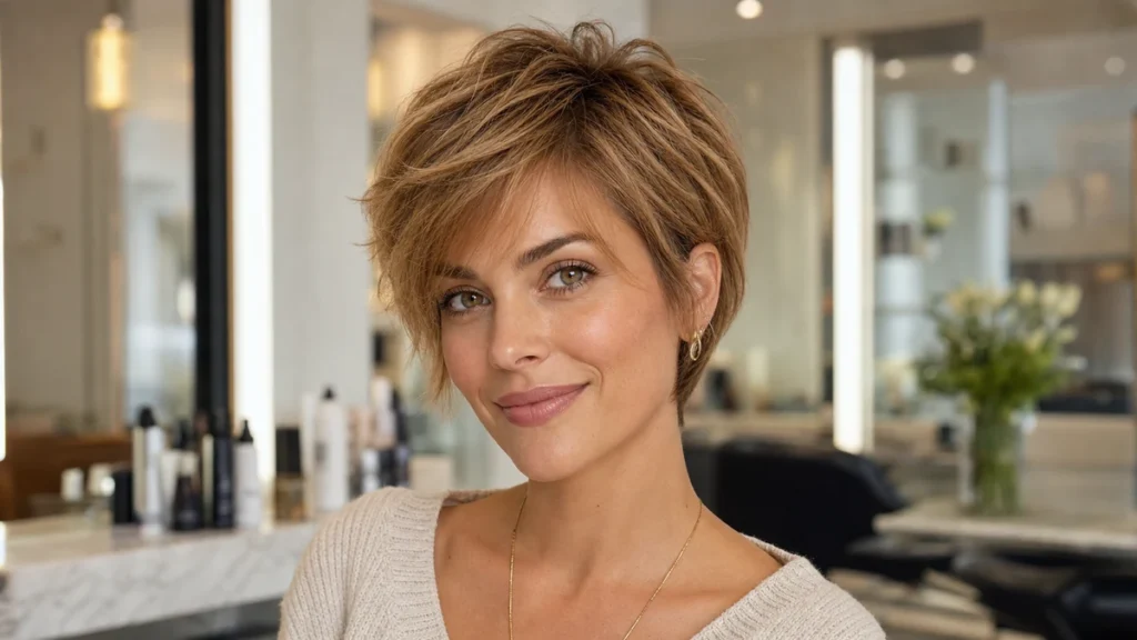 Golden brown short layered pixie bixie for an oval face