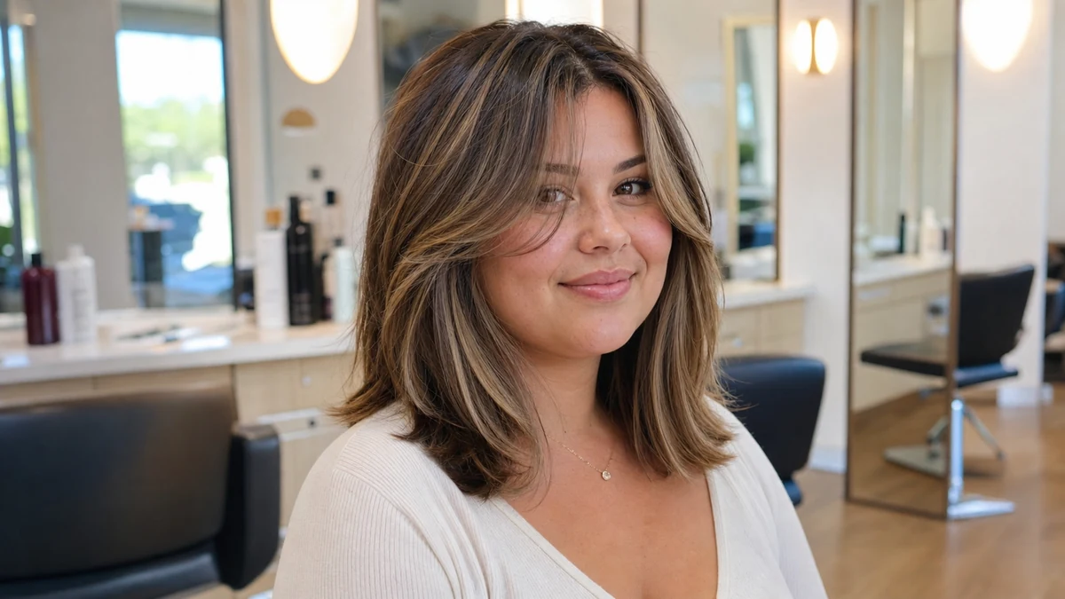 Medium layers with curtain bangs for a round face shape in a salon photo