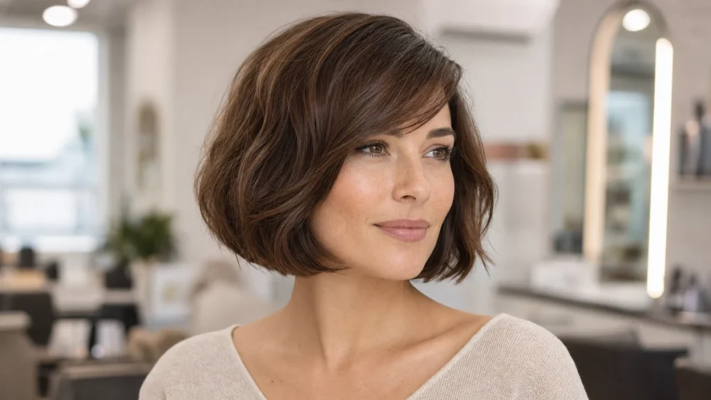Rounded bob with side-swept bangs softening a square jaw