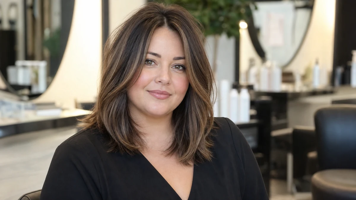 Medium layered cut with vertical face framing for a round face shape in a salon photo