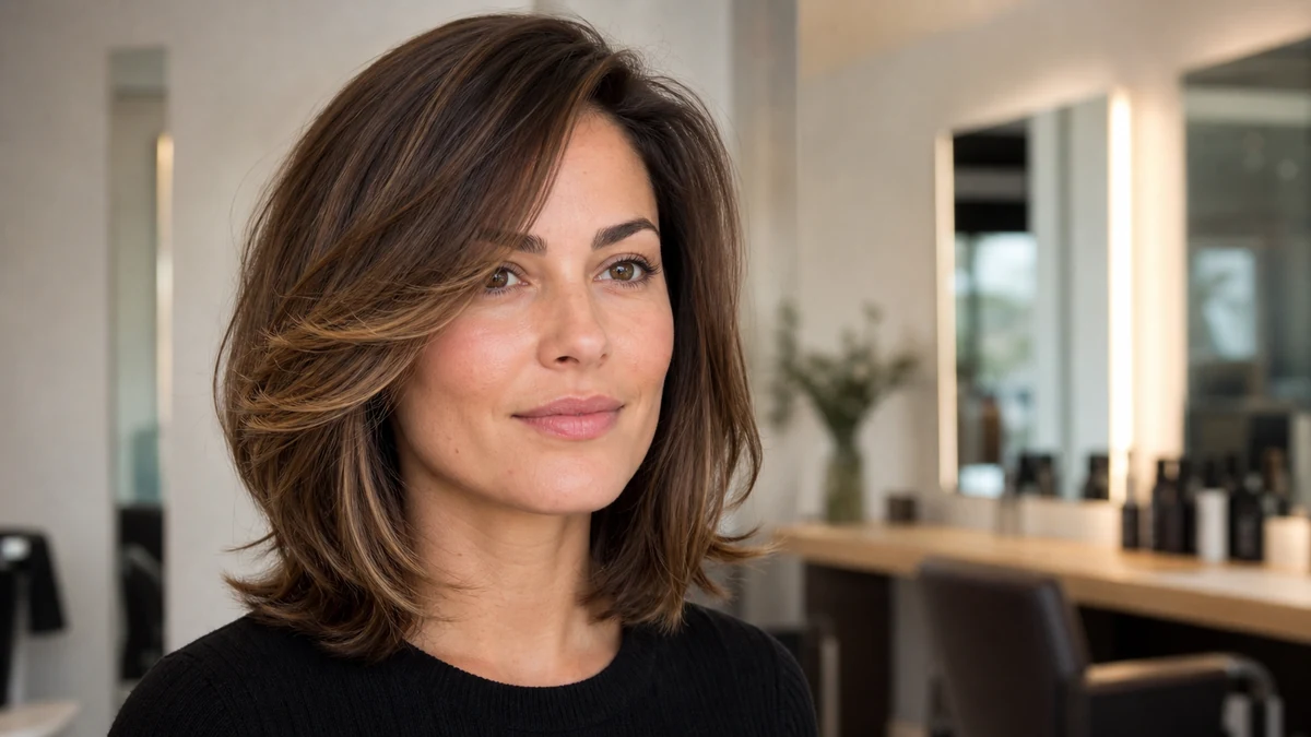 Soft face-framing layers for a square face shape in a salon photo