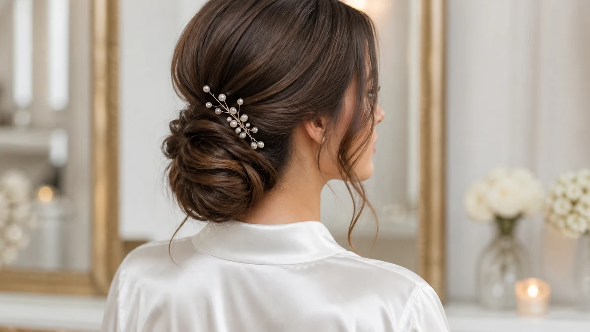 wedding hairstyles for long face shape low chignon with pearl pins